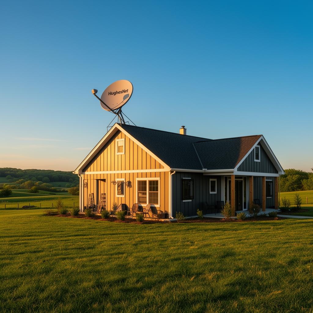 Rural home with HughesNet satellite dish providing reliable high-speed internet